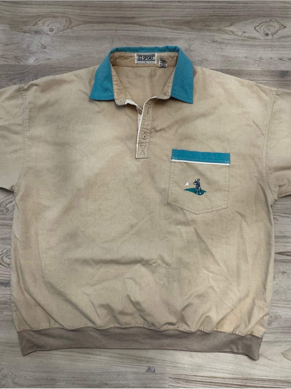 Men's Vintage Gold Polo Pullover Beige with Teal Collar and Pocket Trim 70-80s